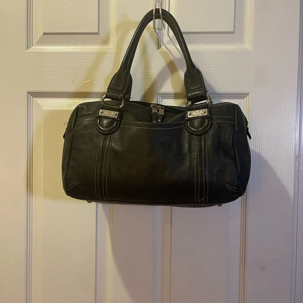 Tignanello leather black Medium Satchel silver tone hardwares.